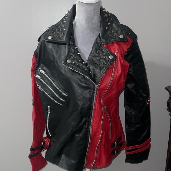 Studded Red and Black Faux Leather Moto Jacket - Picture 4 of 8